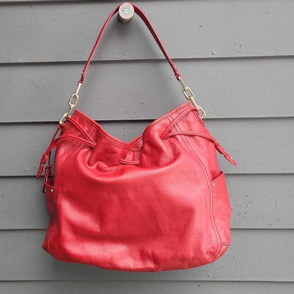 Cole Haan Red Leather Large Side Pull Drawstring Hobo Bag NWOT!